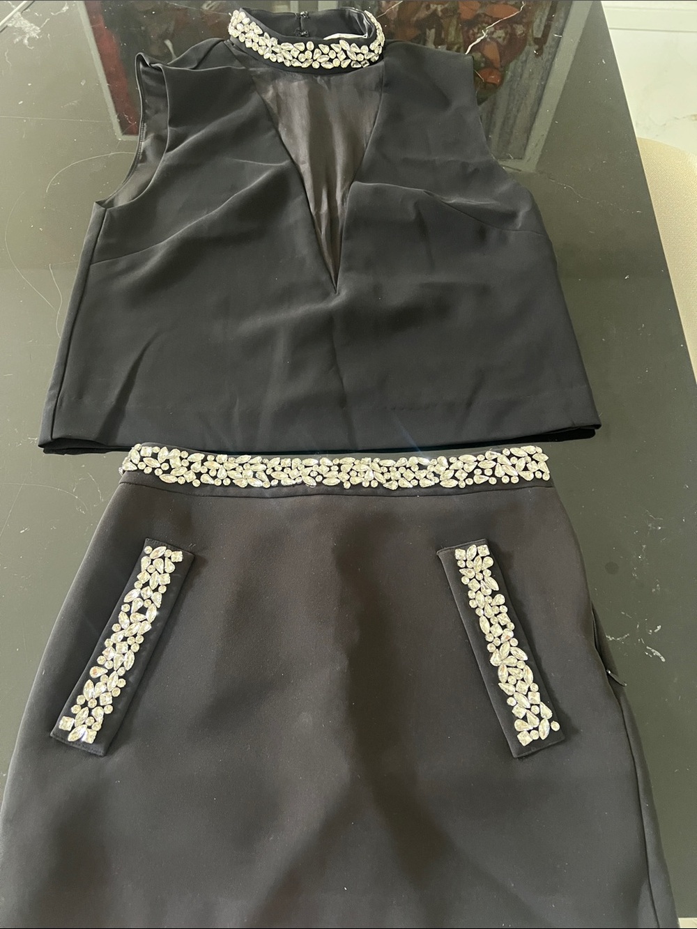 H&M Black Embellished Mini Skirt Set with Jewel Trim